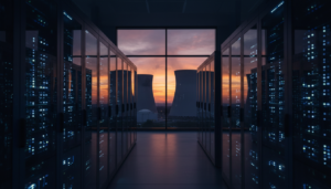 Data center iluminado com visão de usina nuclear ao fundo.