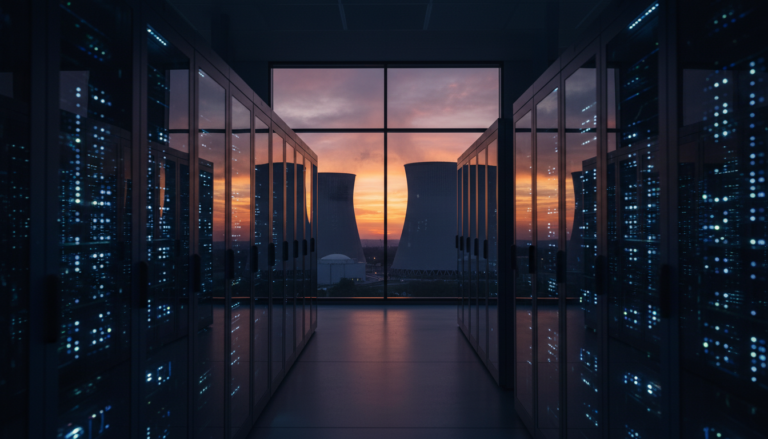 Data center iluminado com visão de usina nuclear ao fundo.