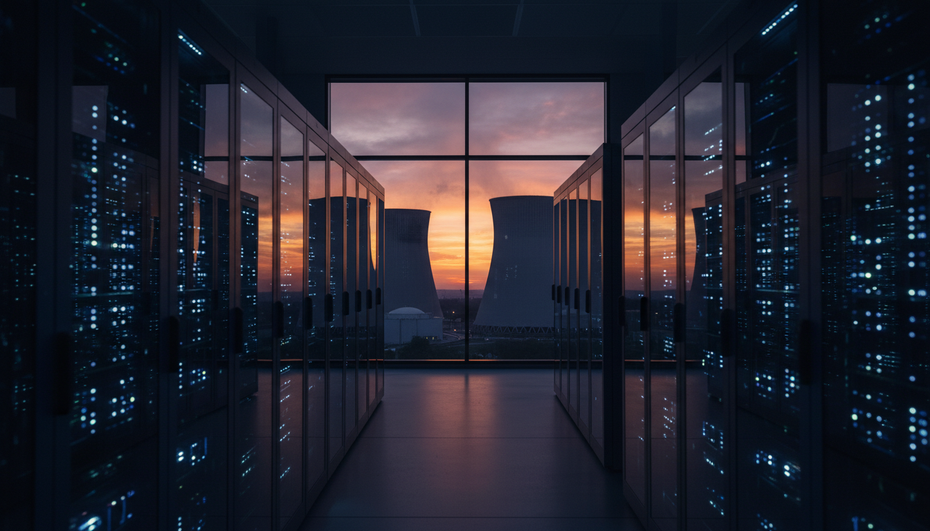Data center iluminado com visão de usina nuclear ao fundo.