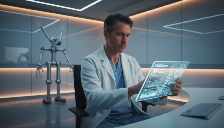 Médico analisando dados de inteligência artificial em tablet em consultório moderno