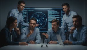 Desenvolvedores de IA preocupados em reunião discutindo o futuro da tecnologia
