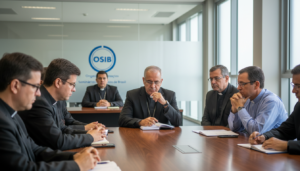 Diretores espirituais em um encontro nacional discutindo o impacto da inteligência artificial.
