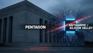 Representação visual da disputa entre o Pentágono e a Anthropic, com edifícios governamentais e elementos de tecnologia de IA.