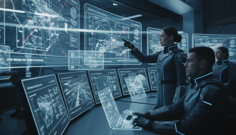 Militares usando inteligência artificial em uma sala de comando, com hologramas de dados e mapas de guerra em 2026.