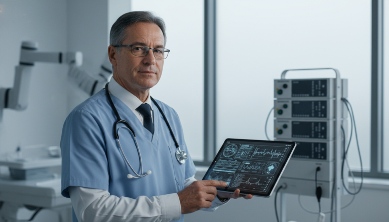 Dr. Pedro Batista analisando dados de inteligência artificial em tablet em ambiente hospitalar