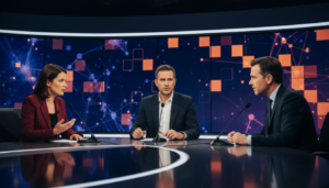 Candidatos em debate eleitoral com elementos visuais sugerindo inteligência artificial ao fundo