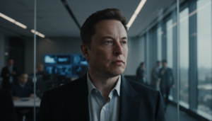 Elon Musk em pose pensativa em escritório moderno