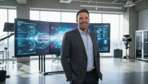Ben Affleck em ambiente tecnológico discutindo inteligência artificial para produção audiovisual.