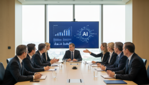Legisladores europeus discutindo novas regras para inteligência artificial em uma sala de reuniões.