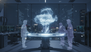 Representação da IA Claude em interação digital com figuras políticas
