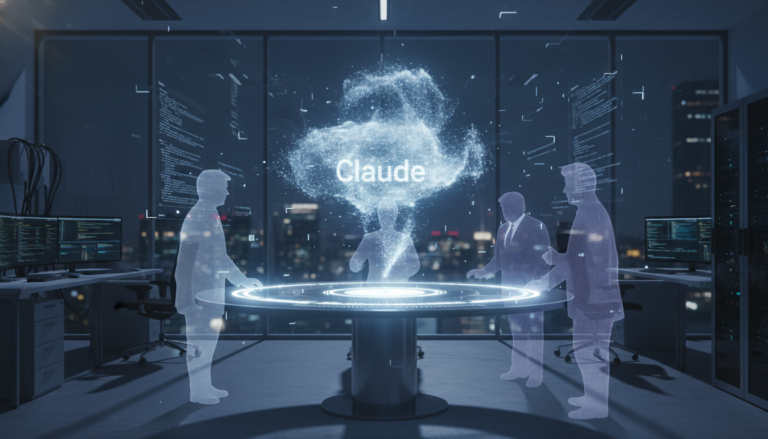 Representação da IA Claude em interação digital com figuras políticas