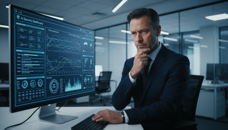 Painel de controle de governança de agentes de IA em tela de computador no ambiente corporativo.