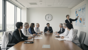 Cientistas discutindo propostas de pesquisa em uma sala de reunião com gráficos na tela