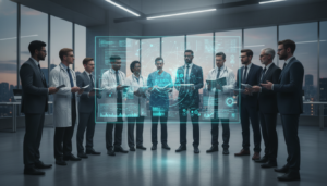 Pessoas de diversas profissões estudando e discutindo um holograma de inteligência artificial
