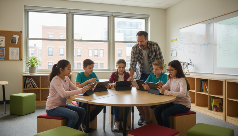 Alunos em sala de aula com guias e tecnologia