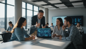 Professor e estudantes discutindo com uma interface de inteligência artificial em um laptop em uma sala de aula