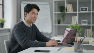 Estudante chinês celebrando sucesso com projeto de inteligência artificial