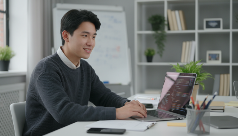 Estudante chinês celebrando sucesso com projeto de inteligência artificial
