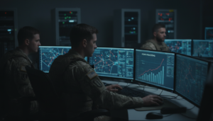 Oficiais militares dos EUA em sala de controle usando ferramentas avançadas de IA em um conflito.