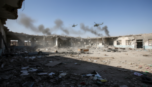 Prédio de escola destruído após bombardeio no Irã, com destroços e fumaça.