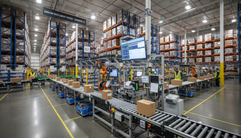 Máquina SLAM em operação em centro de distribuição da Amazon, EUA