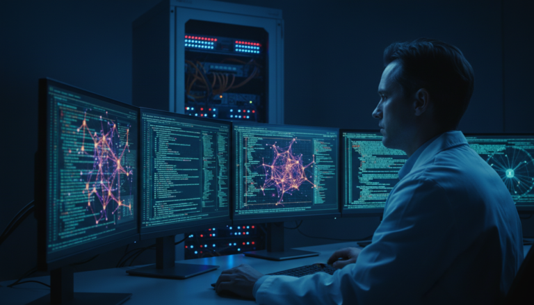 Cientista trabalhando em laboratório de IA com monitores exibindo redes neurais complexas.