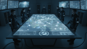 Centro de comando militar exibindo controle de enxame de drones com inteligência artificial