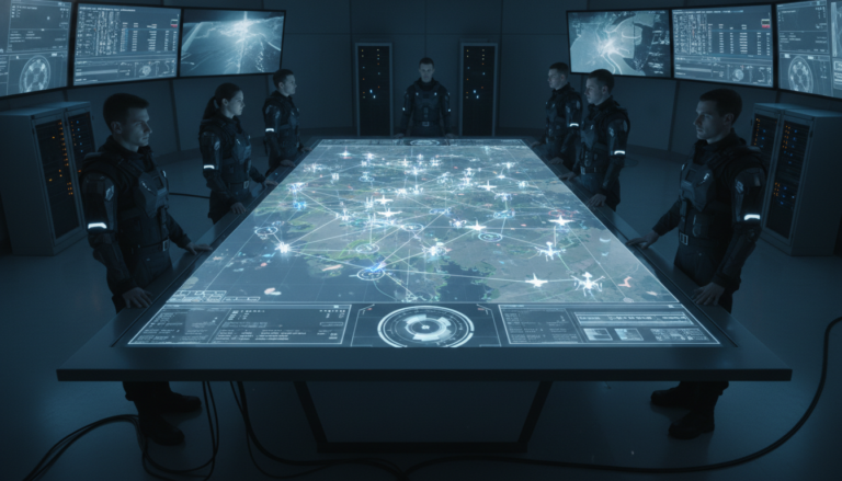 Centro de comando militar exibindo controle de enxame de drones com inteligência artificial