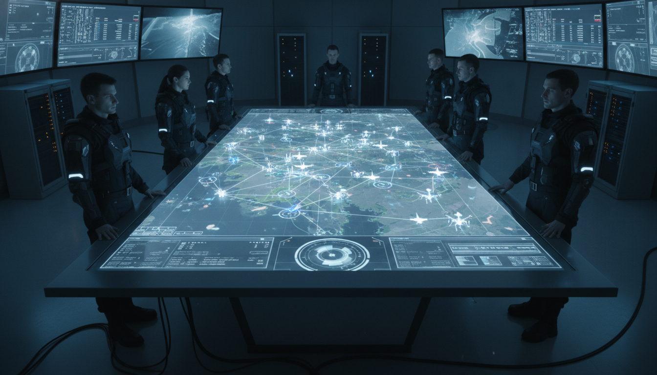 Centro de comando militar exibindo controle de enxame de drones com inteligência artificial