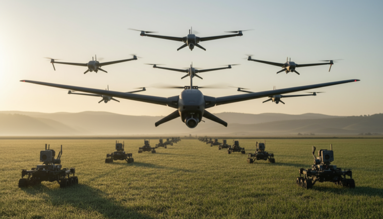 Enxame de drones militares controlados por IA operando em formação