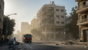Rua em Tel Aviv com edifícios danificados após ataque real, com destroços e um caminhão de bombeiros.