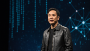 Jensen Huang, CEO da Nvidia, em um evento de tecnologia discutindo o futuro da inteligência artificial.