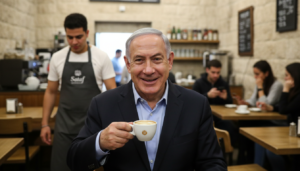 Benjamin Netanyahu em cafeteria, com acusações de uso de IA desmentidas por análise.