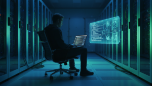 Engenheiro de software interagindo com ferramentas de IA em um data center