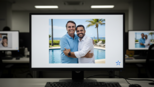 Tela mostrando foto de Flávio Bolsonaro e Vorcaro abraçados com símbolo da IA Gemini