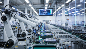 Linha de montagem de servidores de IA na fábrica da Foxconn