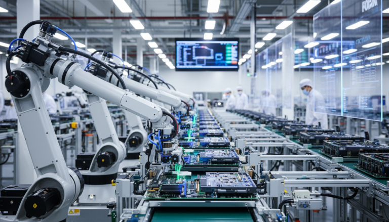 Linha de montagem de servidores de IA na fábrica da Foxconn