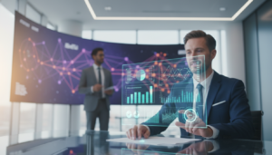 Executivo interagindo com interface holográfica de IA para transações de anúncios em vídeo