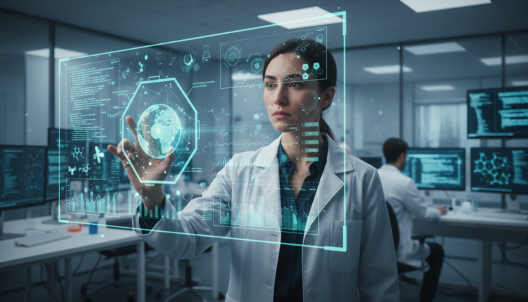 Cientista interagindo com interface de IA em laboratório moderno