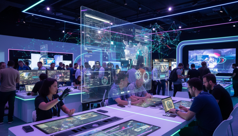 Desenvolvedores de jogos interagem com ferramentas de inteligência artificial em uma conferência de tecnologia