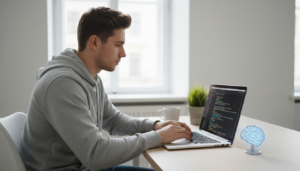 Desenvolvedor codificando TypeScript com auxílio de ferramenta de IA