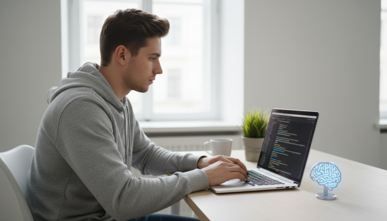 Desenvolvedor codificando TypeScript com auxílio de ferramenta de IA