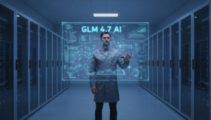 Representação visual da inteligência artificial GLM 4.7 em um laboratório moderno