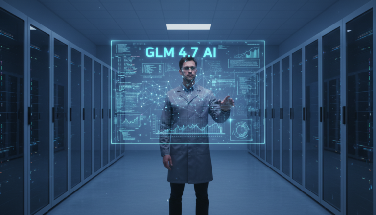 Representação visual da inteligência artificial GLM 4.7 em um laboratório moderno