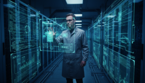 Laboratório de tecnologia com cientista analisando holograma do modelo de IA GLM 4.7