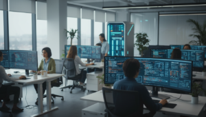 Equipes colaborando em escritório de tecnologia moderno com telas exibindo códigos e dados.