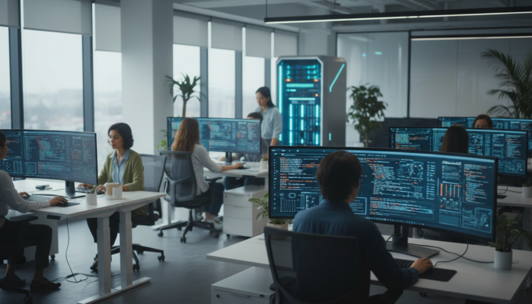 Equipes colaborando em escritório de tecnologia moderno com telas exibindo códigos e dados.
