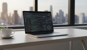 Workspace com laptop exibindo a interface do Google AI Studio com código full-stack