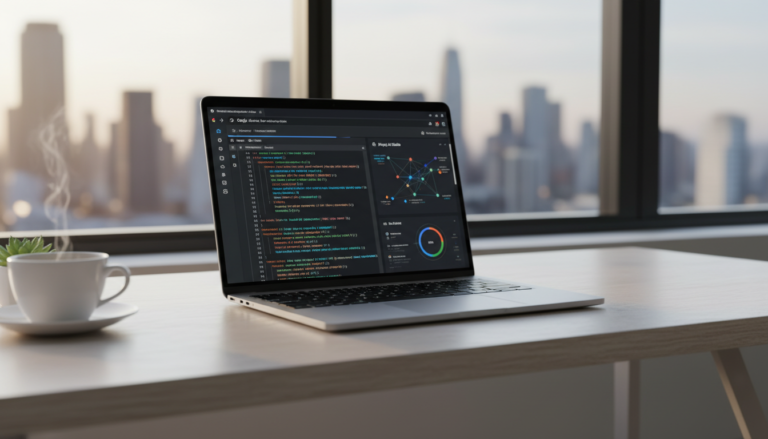 Workspace com laptop exibindo a interface do Google AI Studio com código full-stack