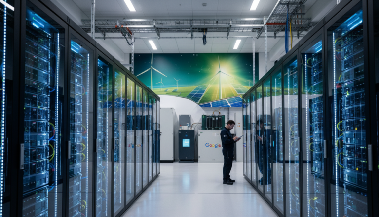 Centro de dados do Google na Bélgica com foco em IA e energia renovável.